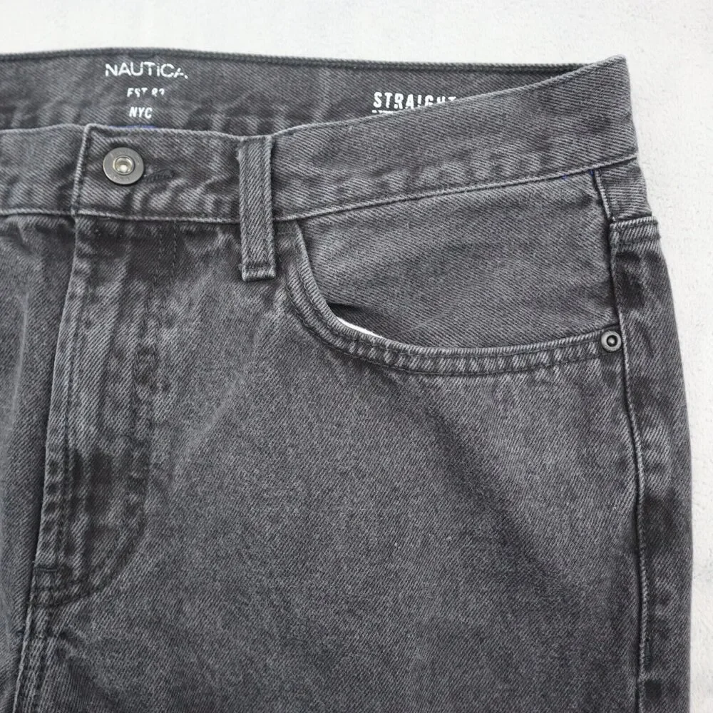 Nautica Pants Mens 34 Black Straight Mid Rise Cotton Pocket Charcoal Denim Jeans